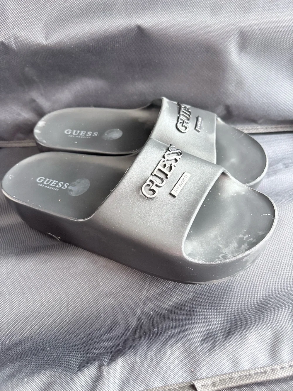 GUESS Black Platform Slide Sandals with Logo Strap